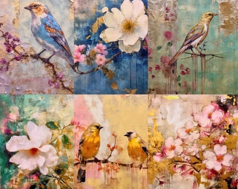 Papier de riz Distressed Birds - 6 images imprimées uniques sur papier mûrier 30 g/m²