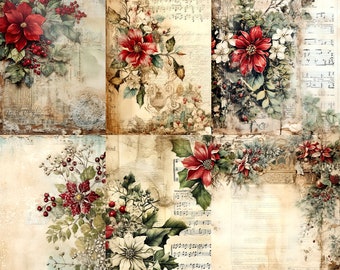 Papier de riz poinsettia vintage - 6 pages de papier de mûrier imprimées uniques 30 g/m²