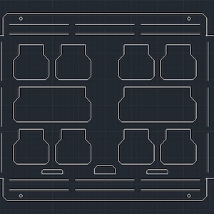 May include: A white outline drawing of a grid with nine rectangular spaces, each with a rounded top and bottom. The grid is surrounded by a thicker white outline.