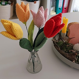 Könnte beinhalten: Ein Strauß aus fünf gehäkelten Tulpen in einer durchsichtigen Glasvase. Die Tulpen sind gelb, orange, rosa und rot. Die Vase steht auf einer weißen Oberfläche.