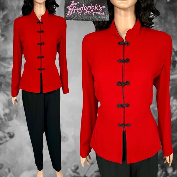 Vintage 90s Red and Black Mandarin Collar Cheongsam Jacket Top and Pants Suit Set, Frederick’s of Hollywood, Size 11/13 Large