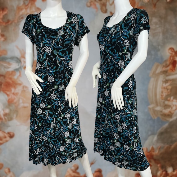 Vintage 90s Black Floral Short Sleeve Midi Dress,… - image 1