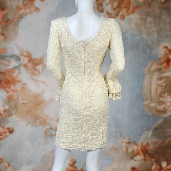 Vintage 80s 90s Ivory Lace Ruffle Sleeve Bodycon … - image 5