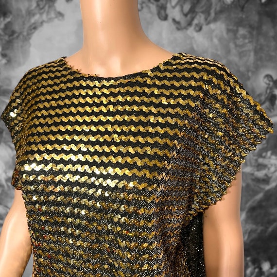 Vintage 70s Black Gold Sequin Disco Poncho Top, R… - image 2