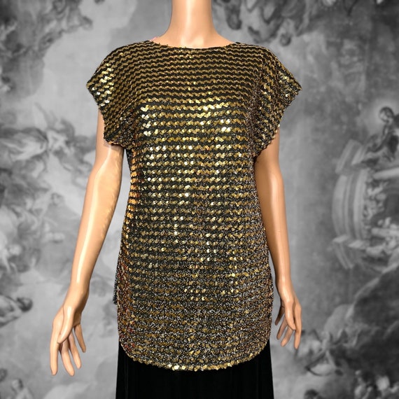 Vintage 70s Black Gold Sequin Disco Poncho Top, R… - image 7