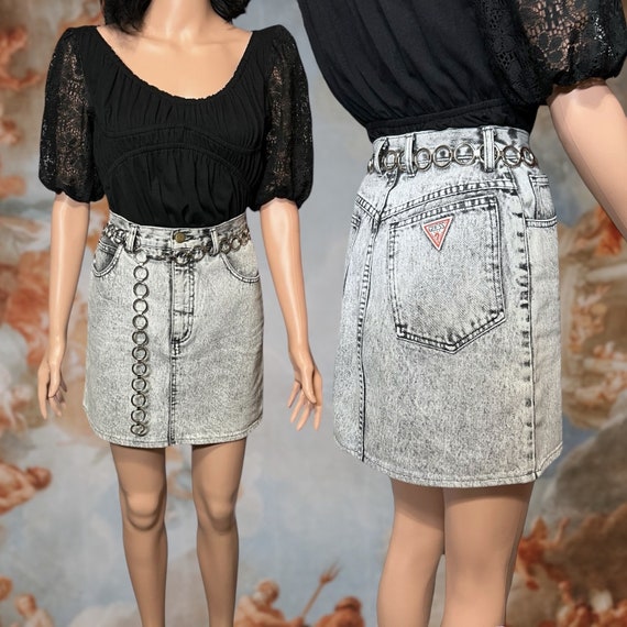 Vintage 90s Guess Gray Acid Wash Denim Mini Skirt… - image 1