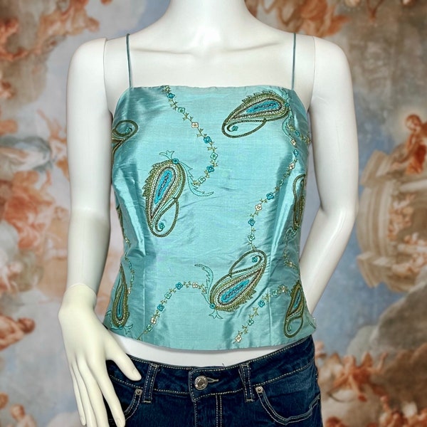 Vintage Y2K 00s Baby Blue Silk Floral Paisley Bustier Tank Top, Size XS/  Small, Boho Fairy Grunge