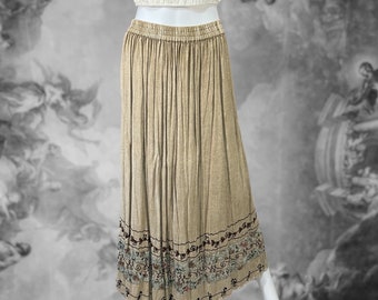 Vintage 90s 00s Beige Tan Embroidered Boho Maxi Skirt, Size 28”-32” Waist, Indie Fairy Grunge