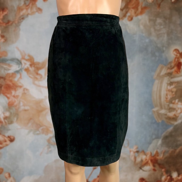 Vintage 80s Black Genuine Suede Leather Pencil Skirt, Size 11 Medium, Gothic Dark Academia