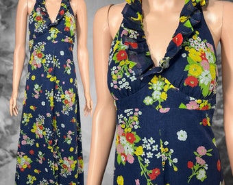 Vintage 70s Navy Blue Floral Halter Maxi Dress, Retro Boho Sundress, Size Small