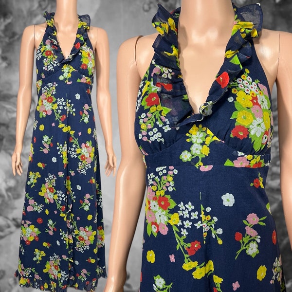 Vintage 70s Navy Blue Floral Halter Maxi Dress, Retro Boho Sundress, Size Small