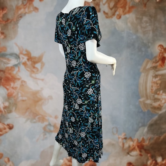 Vintage 90s Black Floral Short Sleeve Midi Dress,… - image 6