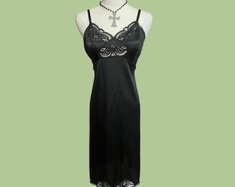 Vintage 90s Black Lace Slip Dress, Sz Large, Coquette Whimsigoth Goth Grunge