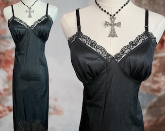 Vintage 90s Black Lace Slip Dress, Sz Medium, Coquette Whimsigoth Goth Grunge