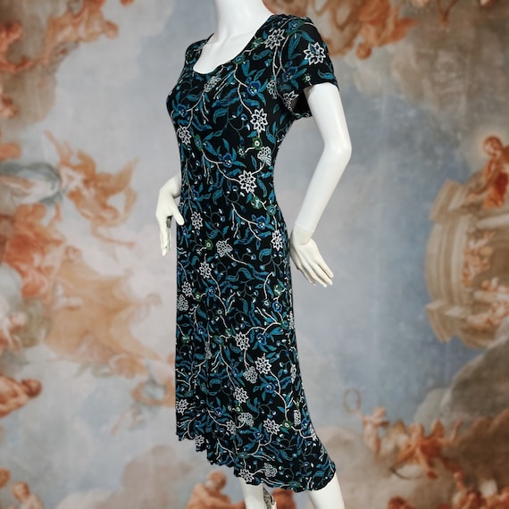 Vintage 90s Black Floral Short Sleeve Midi Dress,… - image 4