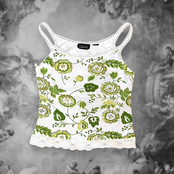 Vintage Y2K 00s White and Green Beaded Floral Lace Cami Tank Top, Size Small, Fairy Grunge