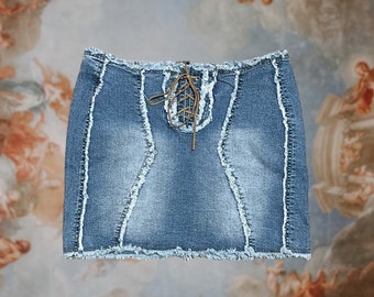 Vintage 90s Y2K Distressed Denim Lace Up Mini Skirt, Size 30”-32” Waist/ Medium