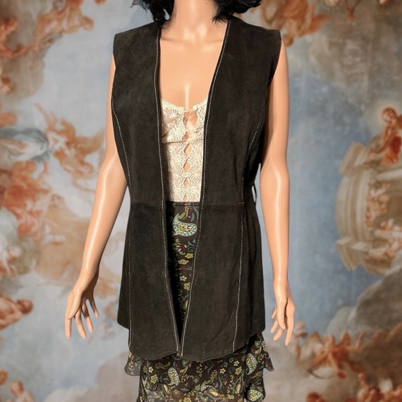 Vintage 70s Dark Brown Suede Leather Long Vest, S… - image 1
