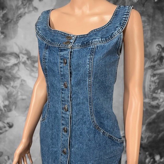 Vintage 90s Denim Button Down Mini Dress, Size 3/… - image 2