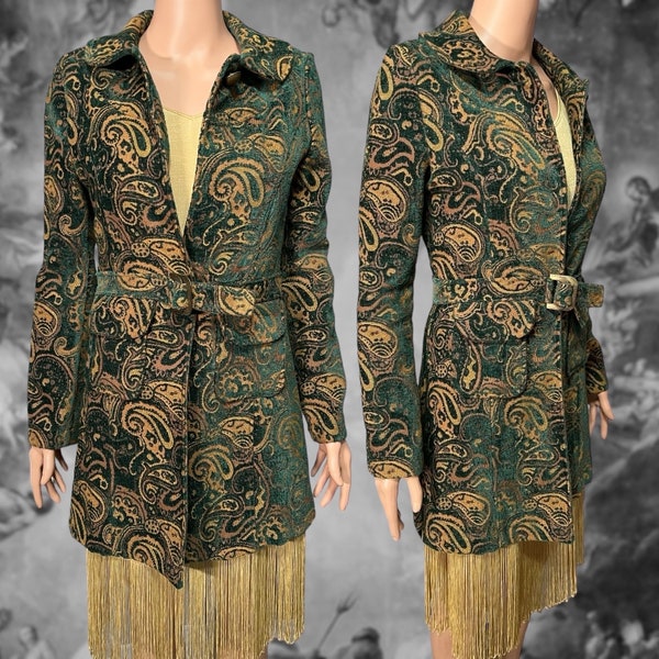 Vintage Y2K 00s Green & Gold Paisley Tapestry Coat, Size Medium, Romantic Boho Victorian Whimsigoth