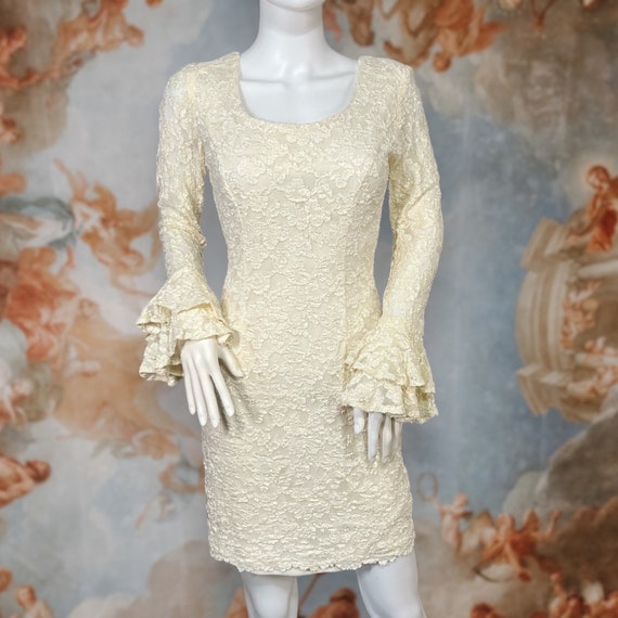 Vintage 80s 90s Ivory Lace Ruffle Sleeve Bodycon … - image 1