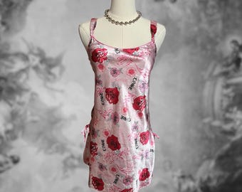 Vintage Y2K 00s Pink Satin Rose Slip Dress, Size Medium, Girly Coquette