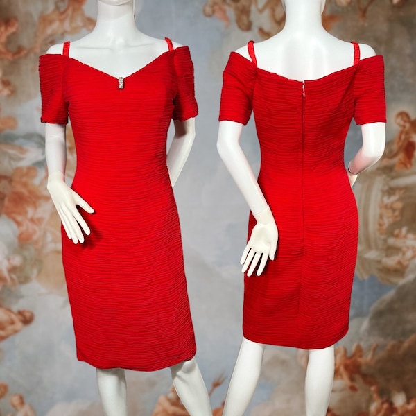 Vintage 80s Red Off the Shoulder Ruched Pencil Dress, Size Medium, Formal Bodycon Party Pin Up