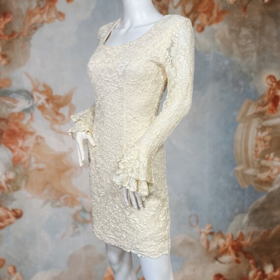 Vintage 80s 90s Ivory Lace Ruffle Sleeve Bodycon … - image 4