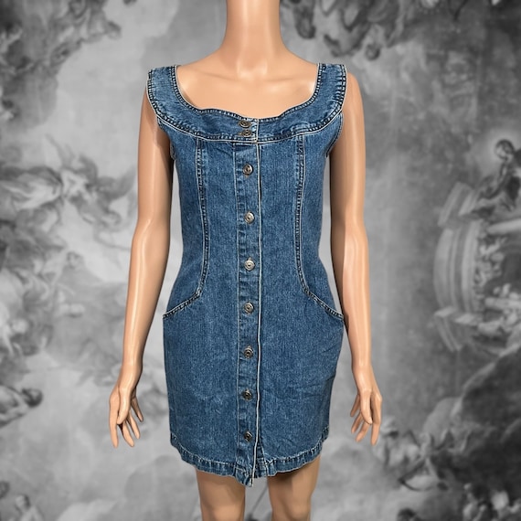 Vintage 90s Denim Button Down Mini Dress, Size 3/… - image 1