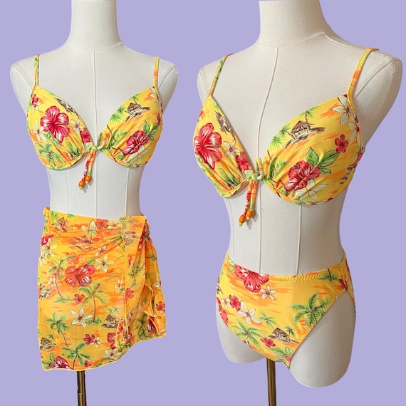 Vintage 90s Yellow Floral Tropical Bikini Swimsuit Set with Sarong Cover Up, Size Small/ Medium, Boho Summer Coconut Girl