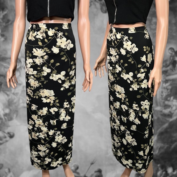 Vintage 90s Black Floral Maxi Skirt, Size Large, Whimsigoth Fairy Grunge