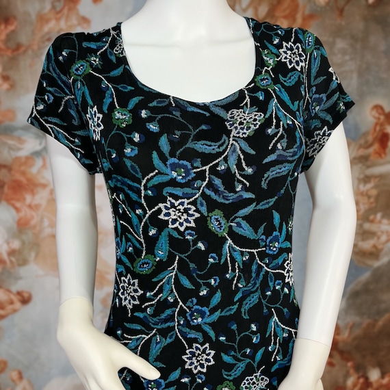 Vintage 90s Black Floral Short Sleeve Midi Dress,… - image 2