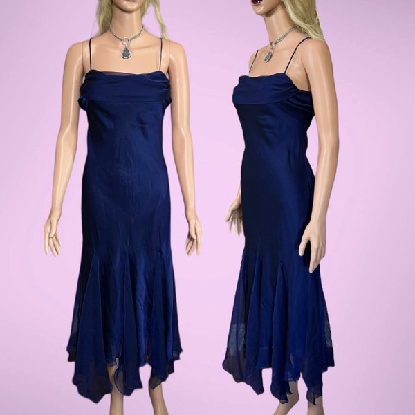 Vintage 90s Blue Chiffon Handkerchief Hem Spaghetti Strap Dress, Formal Prom Party Dress, Betsy & Adam, Size 8/ Small, Whimsigoth Dark Fairy