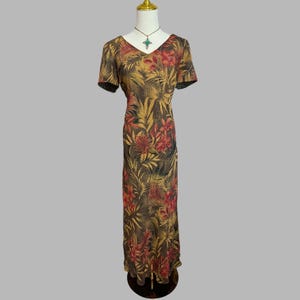 brown tropical dress Daphne Brown Floral Ruffle Maxi Dress