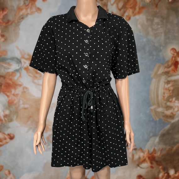 Vintage 90s Black Polka Dot Cotton Shorts Romper,… - image 1