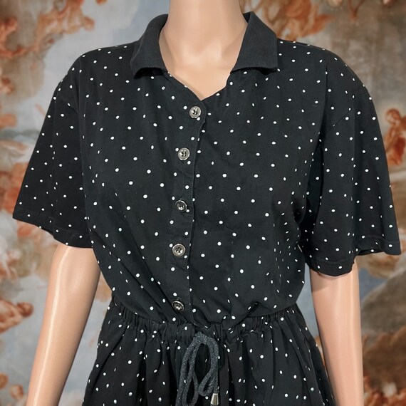 Vintage 90s Black Polka Dot Cotton Shorts Romper,… - image 2