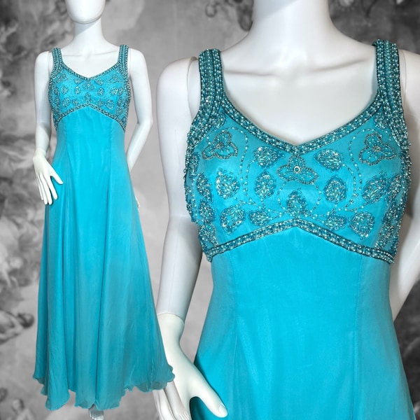 Vintage 90s Y2K Blue Beaded Silk Empire Waist Formal Prom Dress, Size 8 Medium, Alyce Designs, Fairycore