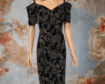 Vintage 80s Black Velvet Gold Glitter Off Shoulder Formal Dress, Midi Length, Scarlett Nite, Size 9/10 Medium/ Large