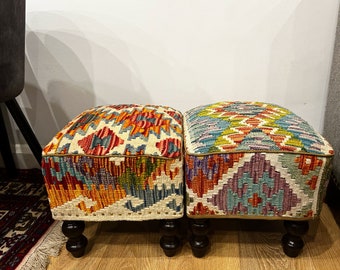 Genuine Handmade Kilim stools. Made in Peshawar, beautiful designs, real wood and unique last pieces available.