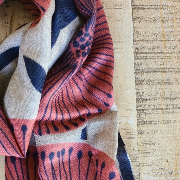 Embrace Timeless Elegance: Cashmere Scarf with Hand-Printed Dandelion Design (72" x 29.5")