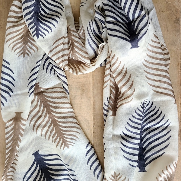 Embrace Timeless Chic: Cashmere Scarf with Hand-Printed Blue & Beige Leaves (72" x 29.5")