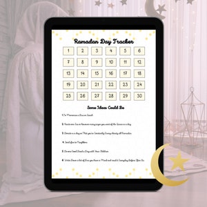 May include: A printable Ramadan Day Tracker with a calendar grid for 30 days and a list of ideas for daily activities. The tracker is designed with a yellow and white color scheme and features a crescent moon and stars.
