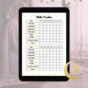 May include: A digital tablet displaying a printable Dhikr tracker with a yellow and white color scheme. The tracker includes a list of Islamic prayers and a grid for tracking daily recitations. The tablet is on a table with a crescent moon and star decoration.