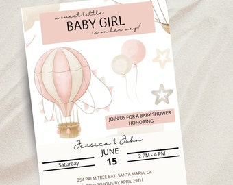 Baby Shower Editable Invitation, Hot Air Balloon, Printable Oh Baby, Boho, Little Girl, Baby Shower Invite, Gender Pink - DIGITAL DOWNLOAD