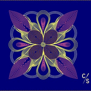 May include: A square graphic design on a deep blue background featuring a symmetrical floral pattern composed of concentric yellow and pink line-art spirals and petals. The letters C/S are printed in white in the bottom right corner.