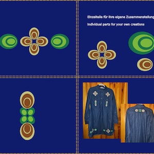 Può includere: Un set di quattro toppe circolari marroni e verdi con un design a cerchi concentrici. Le toppe sono mostrate su uno sfondo blu e su una camicia di jeans. Il testo "Einzelteile für Ihre eigene Zusammenstellung" e "Individual parts for your own creations" è mostrato nell'angolo in alto a destra dell'immagine.