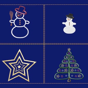 Könnte beinhalten: Ein blauer Hintergrund mit einem weißen Schneemann, der einen Besen hält, einem weißen Schneemann mit einem schwarzen Hut, einem goldenen Stern und einem grünen Weihnachtsbaum mit lila und weißen Sternen.