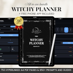 Può includere: Un pacchetto digitale Witchy Planner visualizzato su tablet. Il planner in bianco e nero presenta il testo "Witchy Planner" e include un'app per telefono gratuita. L'immagine mostra anche un sigillo d'oro che dice "750 pagine".