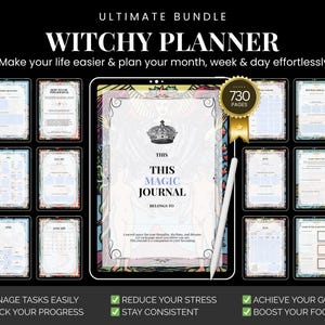 Puede incluir: Un paquete de planificador digital con el texto "Witchy Planner" y "This Magic Journal". La imagen muestra varias páginas del planificador, un lápiz óptico y un sello dorado que dice "730 Páginas". El planificador promete ayudar a gestionar tareas, reducir el estrés y alcanzar objetivos.