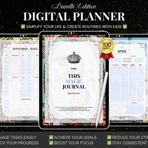 Può includere: Pacchetto di pianificatore digitale con tre tablet che mostrano pagine. Il tablet centrale mostra "This Magic Journal" con un'illustrazione di corona. Gli altri tablet mostrano pagine di settembre e aprile. Il testo include "Semplifica la tua vita e crea routine con facilità."